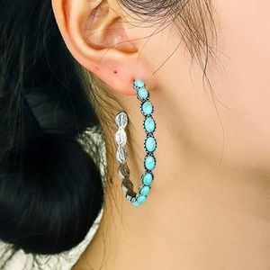 Turquoise and Silver Western Style Hoops